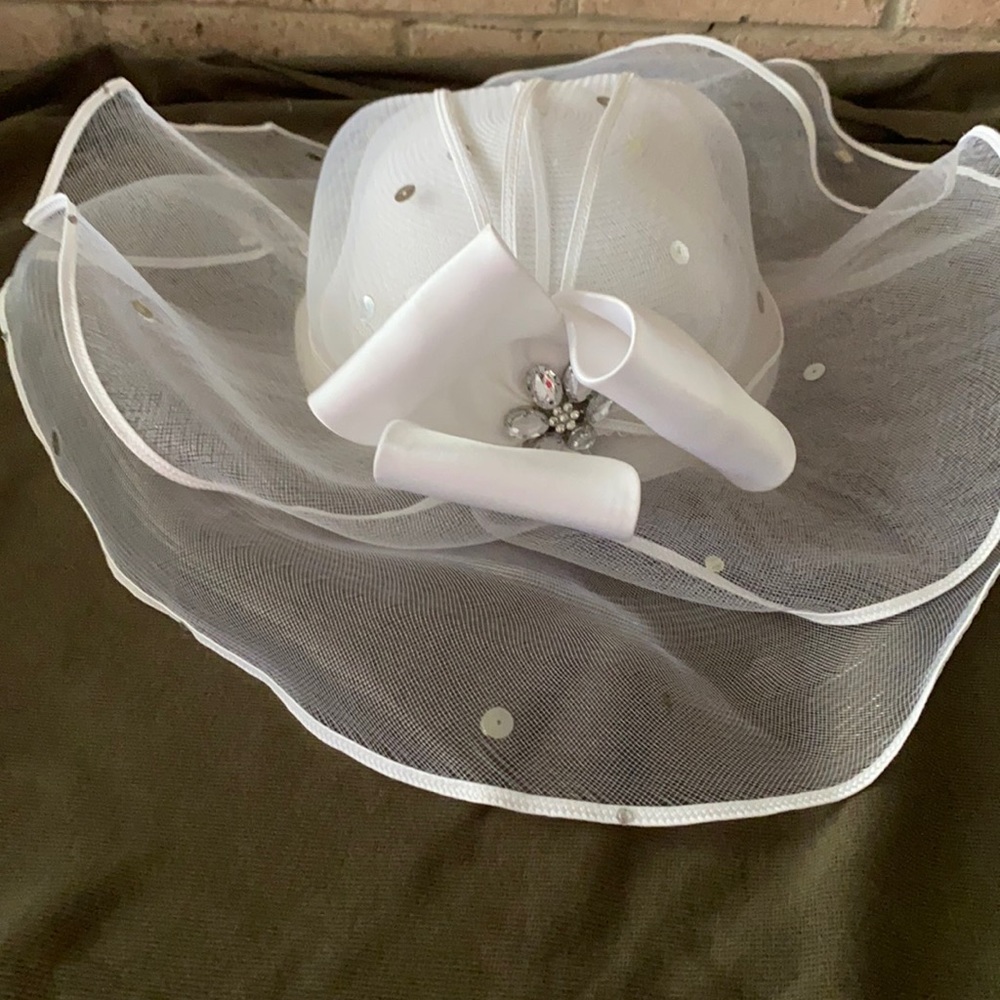 White Jeweled brooch Hat